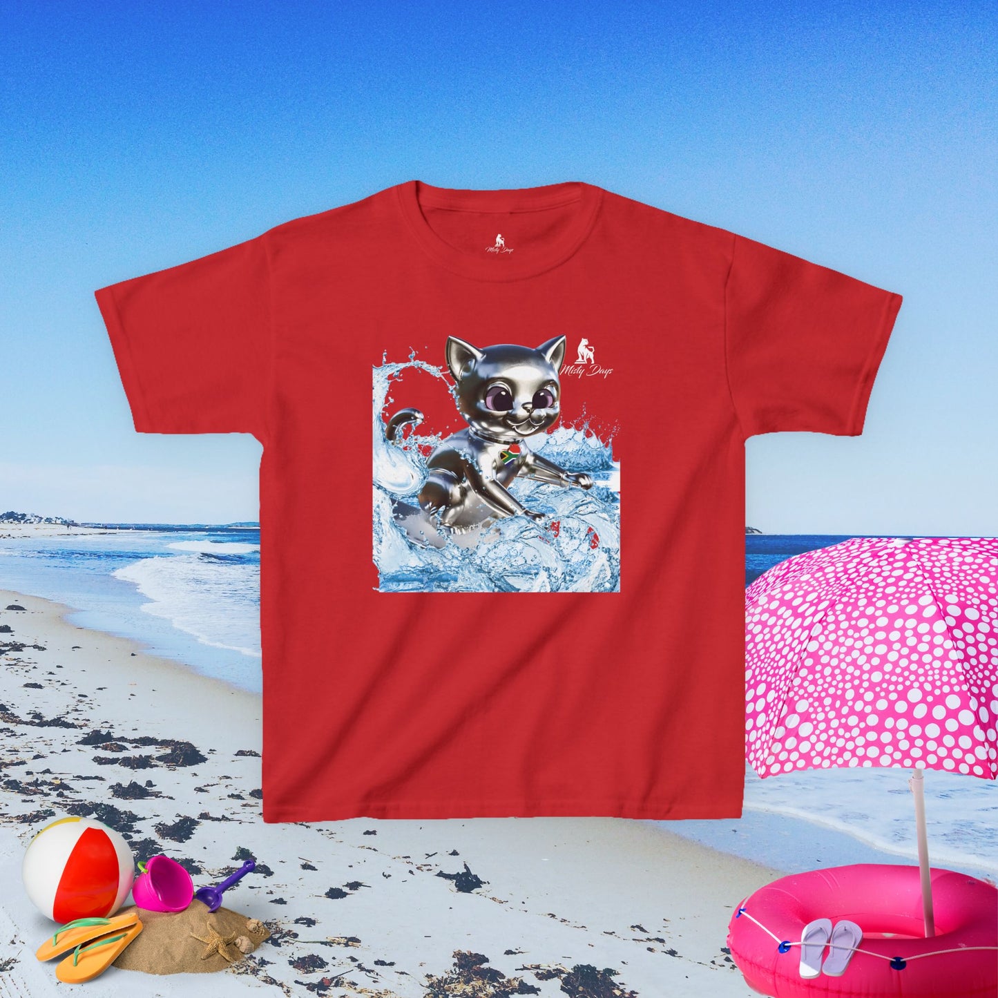 Kids T-Shirt - Chrome Style Surfer Kitty Design