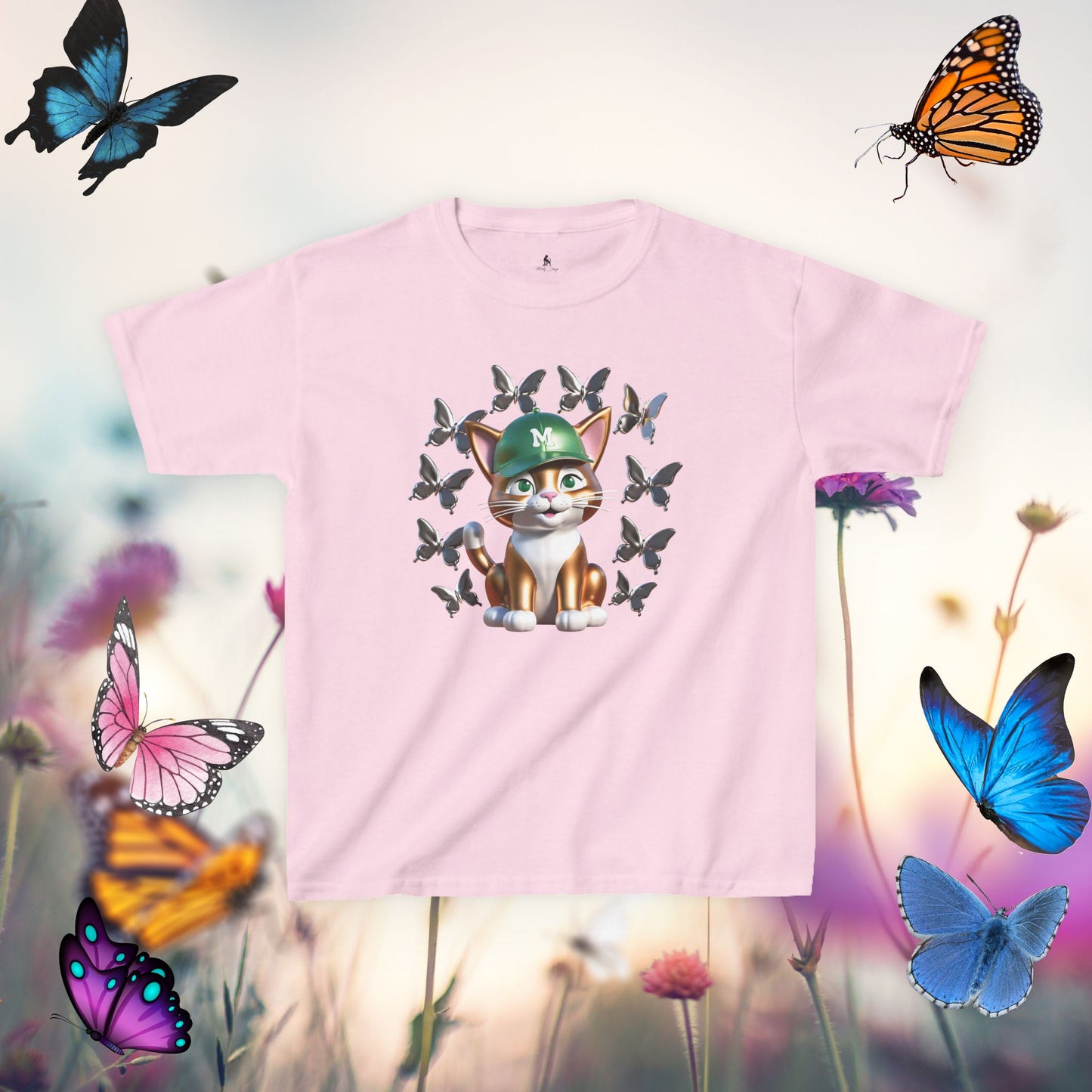 Ginger Cat Surrounded by Butterflies - Kids T-Shirt