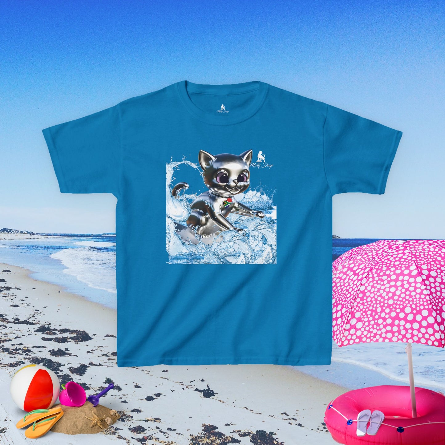Kids T-Shirt - Chrome Style Surfer Kitty Design