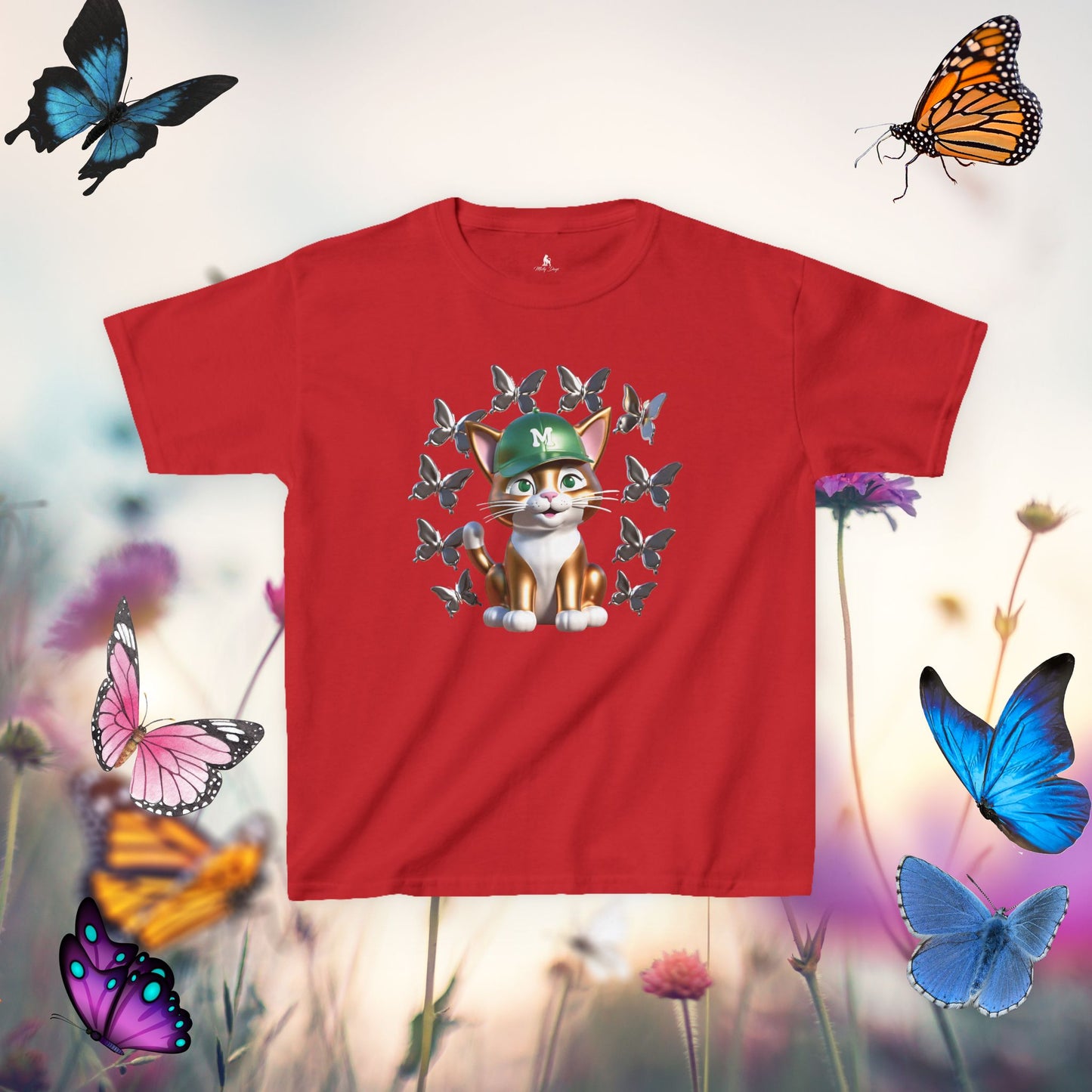 Ginger Cat Surrounded by Butterflies - Kids T-Shirt