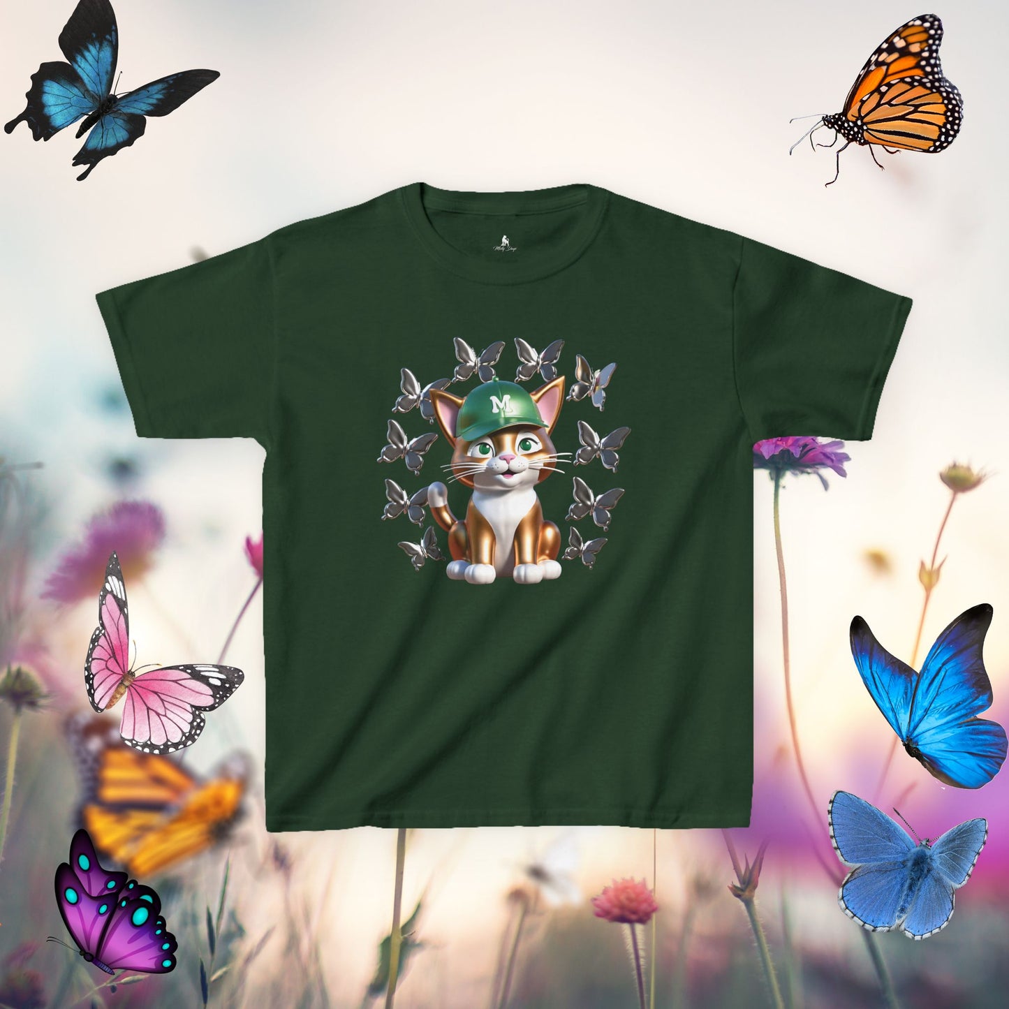 Ginger Cat Surrounded by Butterflies - Kids T-Shirt